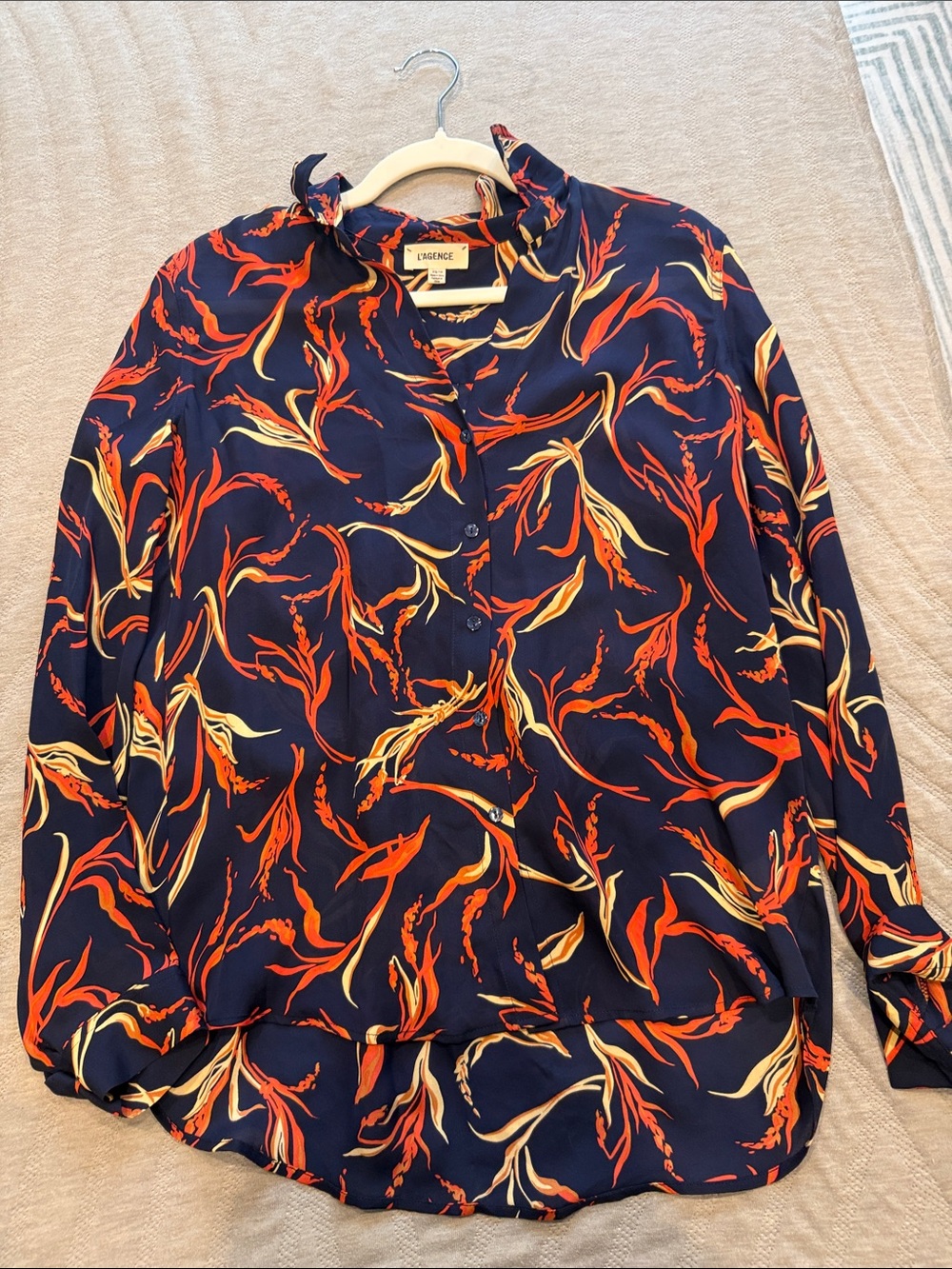 L'AGENCE Navy Button-Down Shirt with Orange and Cream Floral Motif
